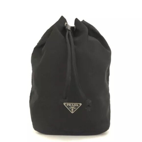 PRADA Logo Plate Nylon Drawstring Cosmetic Pouch Bag Black/3AG0744 - Picture 1 of 1